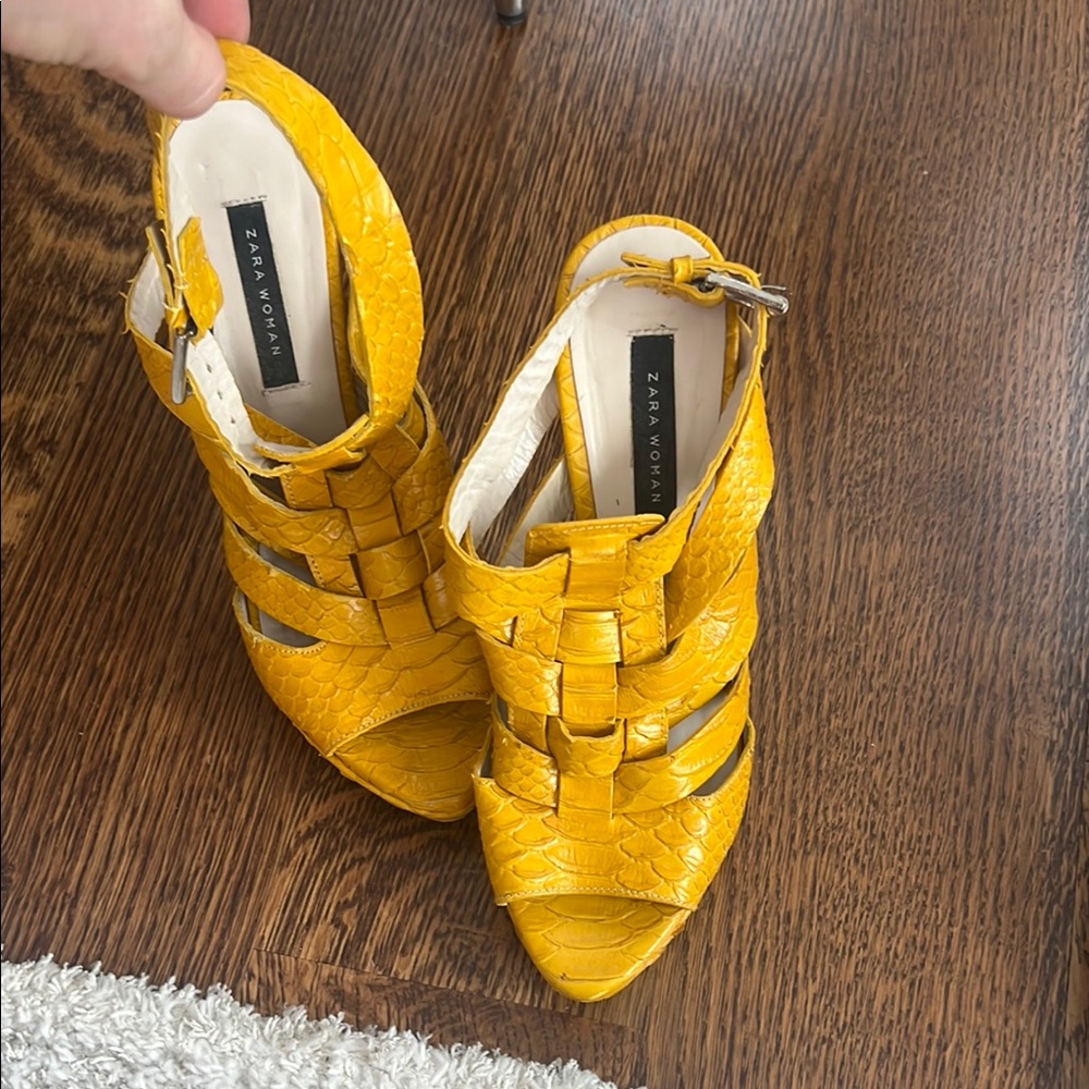 Zara Yellow Strappy Heels with Intricate Design